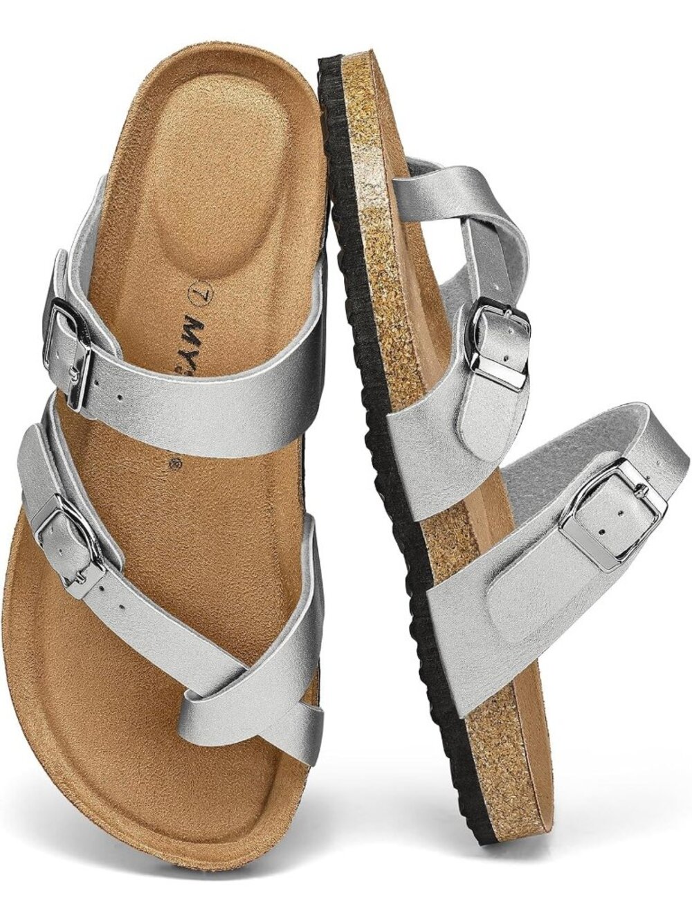 Women's Silver Double Adjustable Buckle Slide Cork Footbed Slip On Sandal Shoes